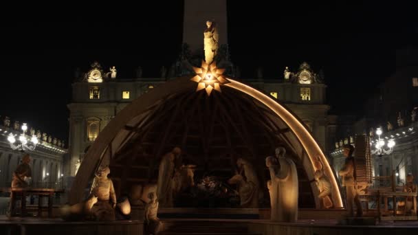 Rome Italy December 2022 Nativity Scene Wooden Statues Lights Peter — Stockvideo