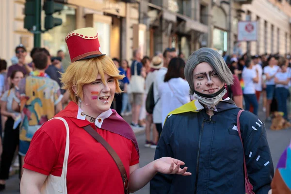 stock image Rome, Italy - 10th June 2023: The big Gay Pride parade through the streets of the capital. The procession with thousands of participants parades through the city to demonstrate LGBTQ+ pride. 