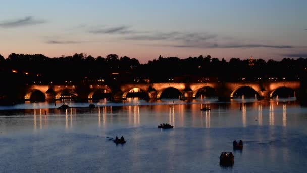 Prague Czechia Charles Bridge Illuminated Dusk — Stock Video