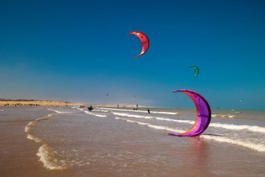Essaouira, Fas - 3 Ağustos 2023: uçurtma uçuran çok sayıda okyanus plajı. Burası bu yelkencilik sporunun aşıkları ile ünlüdür. Uçurtmayı kolayca kaldırabilen güçlü rüzgârlarıyla..