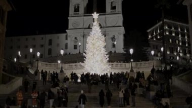 Roma, İtalya - 10 Aralık 2023: Roma 'daki İspanyol Merdivenleri' nin basamaklarını aydınlatan ışık ve süslemelerle dolu yeni Noel ağacı.