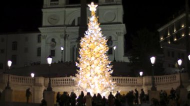Roma, İtalya - 10 Aralık 2023: Roma 'daki İspanyol Merdivenleri' nin basamaklarını aydınlatan ışık ve süslemelerle dolu yeni Noel ağacı.