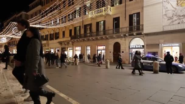 Ρώμη Ιταλία Δεκεμβρίου 2023 Del Corso Στολισμένη Χριστουγεννιάτικα Φώτα Και — Αρχείο Βίντεο