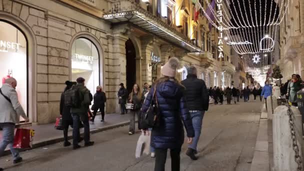 Rome Italy December 2023 Del Corso Decorated Christmas Lights Crowded — Stock Video