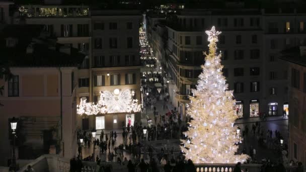 Rome Italië December 2023 Kerstboom Piazza Spagna Verlicht Met Kerstversieringen — Stockvideo
