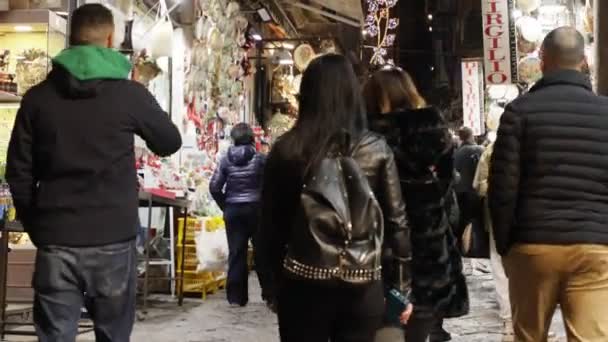 ナポリ イタリア 2023年12月21日 グレゴリオ アルメニア 歴史的中心部の有名な通り 伝統に従ってクリスマスを祝うために手で出生シーンを作る職人がいます — ストック動画