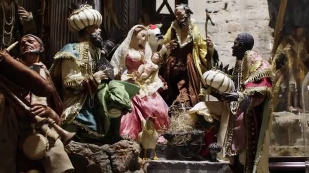 Nápoly Olaszország 2023 December Krisztus Születési Jelenete Főszereplőinek Teljes Betlehemes — Stock videók