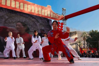 Roma, İtalya - 18 Şubat 2024: Meydanda Çin Yeni Yıl kutlamaları, halka açık etkinlikler. Dövüş sanatları tekniklerinin sahne performansında.