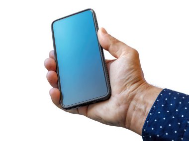 Boş ekran ve modern çerçevesiz tasarımı olan siyah akıllı telefonu elinde bulunduran cep telefonunu beyaz arkaplanda izole bir şekilde tut. Pazarlama, uygulama tasarımı, UI ve UX için ideal. Kırpma yolunu dahil et