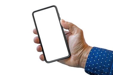 Boş ekran ve modern çerçevesiz tasarımı olan siyah akıllı telefonu elinde bulunduran cep telefonunu beyaz arkaplanda izole bir şekilde tut. Pazarlama, uygulama tasarımı, UI ve UX için ideal. Kırpma yolunu dahil et