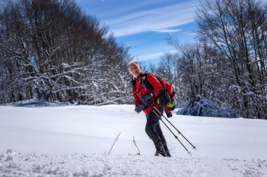 Kar ayakkabıları ve direklerle karda yürüyen sportif bir adam, arka planda, bir kış dağ manzarasının karlı ormanı..