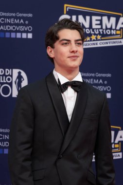 Roma, İtalya - 7 Mayıs 2025: Samuele Carrino, 70. David Di Donatello Cinecitta Stüdyoları sırasında 7 Mayıs 2025 'te İtalya' nın başkenti Roma 'da kırmızı halıya katıldı..