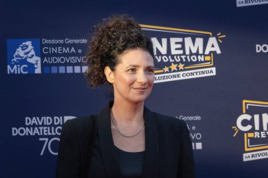Roma, İtalya - 7 Mayıs 2025: Costanza Quatriglio, 70. David Di Donatello Cinecitta Stüdyoları sırasında 7 Mayıs 2025 'te İtalya' nın başkenti Roma 'da kırmızı halıya katıldı..