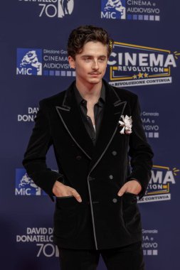 Roma, İtalya - 7 Mayıs 2025: Timothee Chalamet, Cinecitta Studios 'taki 70. David Di Donatello sırasında kırmızı halıya katıldı.
