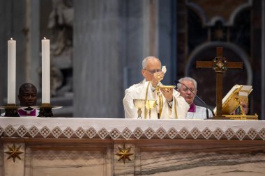 Vatikan Şehri - 15 Haziran 2025: Kutsal Üçlemenin Kutsallığı üzerine Papa 16. Leo, Vatikan Bazilikası 'nda spor jübilesi için başkanlık etmektedir..