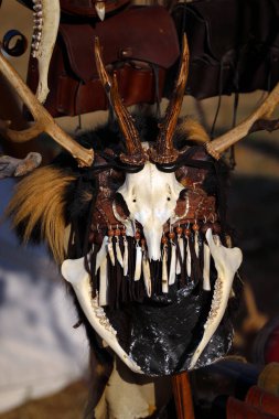 Ladispoli (RM), İtalya - 28 Haziran 2025: Drakkar Viking Festivali, Viking tarihinin yeniden canlandırması. İskandinav kültüründe kafatasları ve hayvan iskeletlerinin parçalarıyla yapılan nesnelerin sergilenmesi.