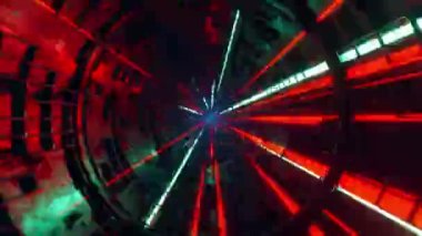 VJ döngü animasyonu. Kırmızı, yeşil, beyaz ışıkları olan bir tüpte uçan kamera.