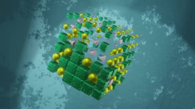 VJ animasyonu devrede. Arkaplanda küpler, toplar ve konilerden oluşan dönen bir küp