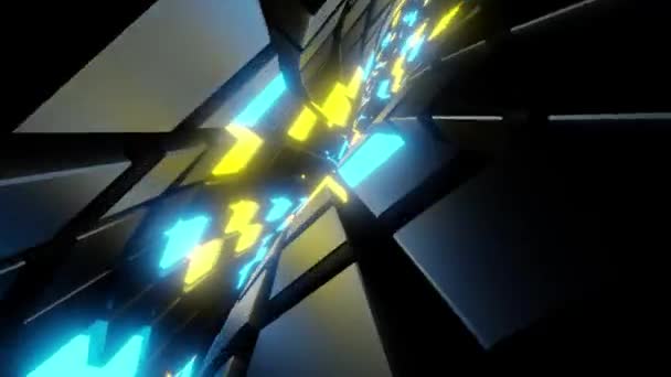 Vjループアニメーションの背景 カメラは青と黄色の金属の正方形を持つトンネルの波の中を飛ぶ — ストック動画