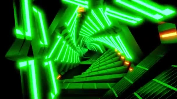 Vjアニメーションをループする 緑とオレンジ色のライト付き三角回転トンネル — ストック動画