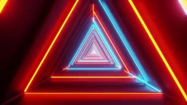 VJ canlandırma arkaplanını döndür. Mavi ve turuncu ışıklı üçgen neon tünel