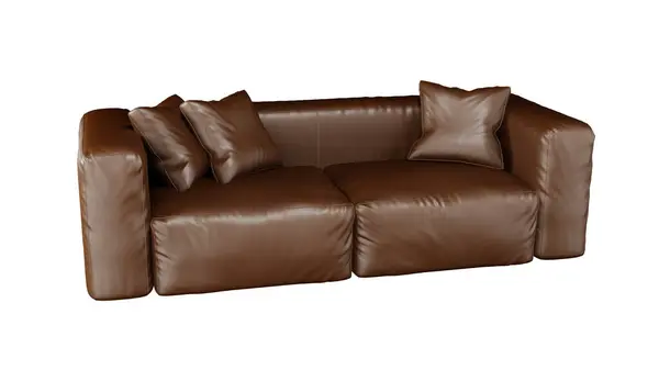 Brown leather couch with pillows on it's back on isolated background.