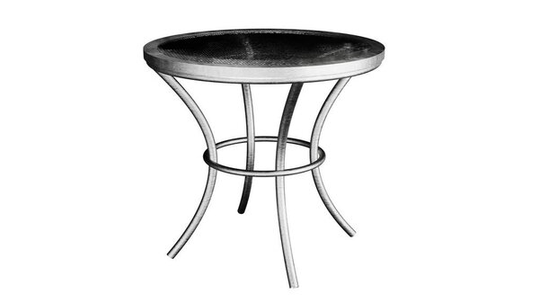 Металлический стол с черной верхней и металлической основой на изолированном фоне.