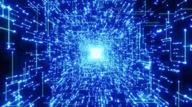 VJ, DJ döngüsü. Parçacıkları ve ışık yolları olan siber uzay tüneli. Müzik ve video için arka plan. Görsel efektler, şekil canlandırması