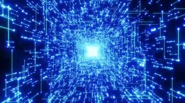 VJ, DJ döngüsü. Parçacıkları ve ışık yolları olan siber uzay tüneli. Müzik ve video için arka plan. Görsel efektler, şekil canlandırması