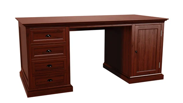 Wood-colored office desk with drawers and door on isolated background.