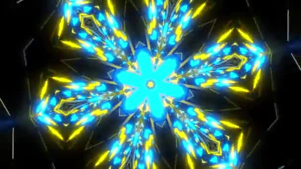 Květinová Hvězda Modrém Žlutém Pozadí Kaleidoskop Upravit Video Krásným Třpytivým — Stock video