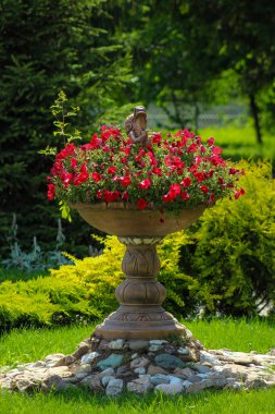 A flower pot with red flowers in the middle of a garden clipart