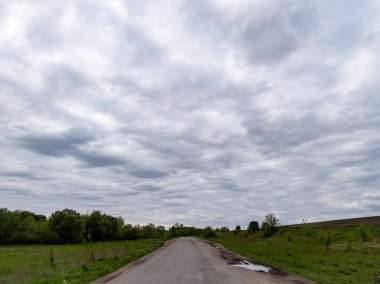 Bulutlu bir gökyüzünün altındaki çimenli bir tarlanın ortasında toprak bir yol..