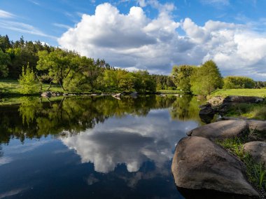 Ağaçlar ve kayalarla çevrili çimenli bir tarlanın ortasında küçük bir gölet..