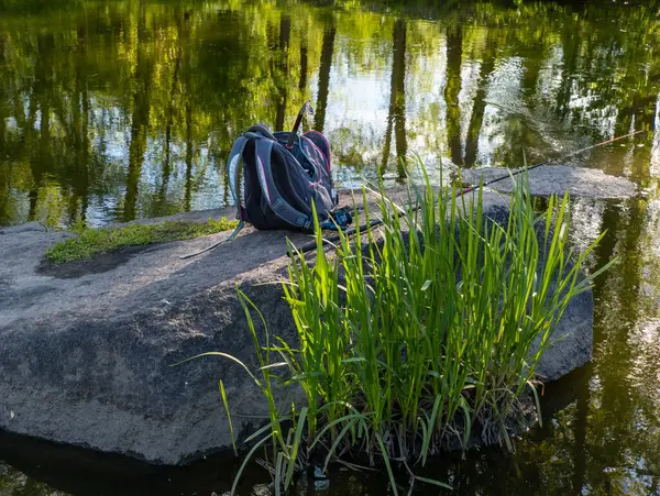 Göletin ortasındaki bir kayanın üstünde duran bir sırt çantası..