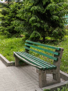 Parktaki kaldırım taşlarının üzerinde duran yeşil bank..