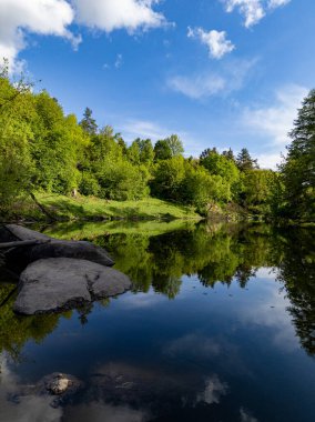 Ağaçlar ve kayalarla çevrili bir su kütlesi..
