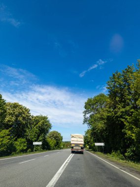 İki tarafında ağaçlar olan bir kamyonet yolda ilerliyor..