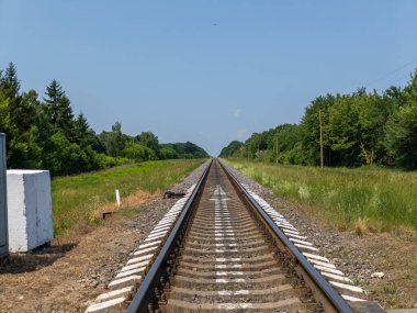 Çimenli bir arazinin ortasında tren yolu..