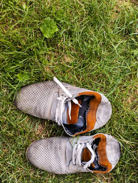 Çimlerin üzerinde oturan bir çift ayakkabı..