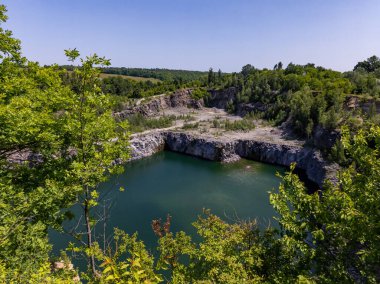 Ağaçlar ve çalılarla çevrili büyük bir su kütlesi..