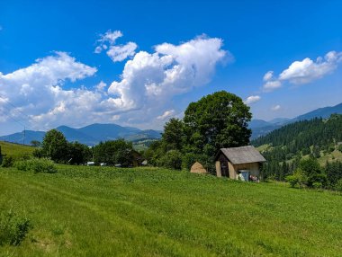 Ortasında küçük bir ev ve uzak dağları olan çimenli bir tarla..