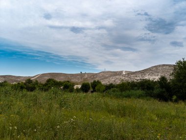Arka planda tepe olan otlak bir alan..