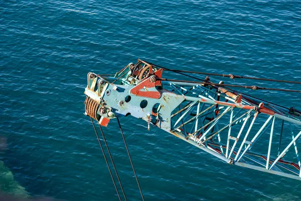 Büyük bir vinç okyanusun ortasında, gözün görebildiği kadar geniş sularla çevrili.