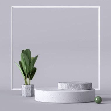 Markalaştırma ve paketleme sunumu, kemer, mermer yuvarlak podyum, süsleme kabı, yapraklar, zeytin dalları, mokap, 3D işleme