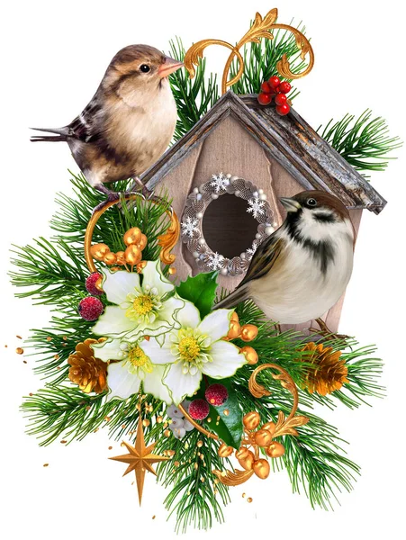 クリスマス 新年の休日の背景 2つのスズメの鳥は 鳥の家 モミの枝 らせん状の花の3Dレンダリングの近くに座っている — ストック写真