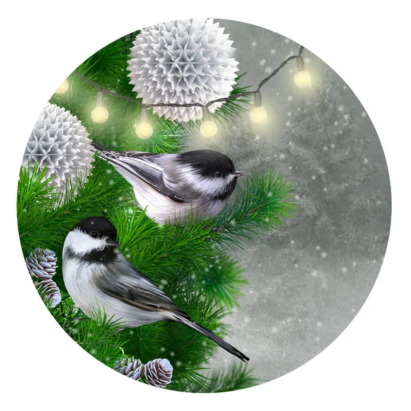 Christmas New Year Winter Holiday Background Two Birds White Tits — Stock fotografie
