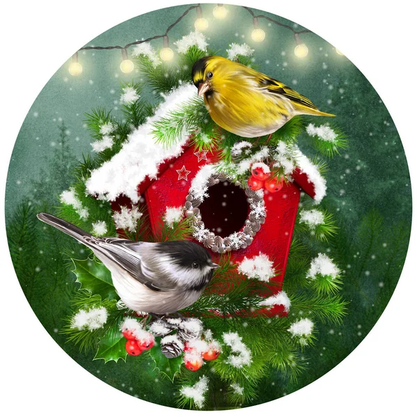 Christmas New Year Festive Background Two Tit Birds Sit Birdhouse — ストック写真