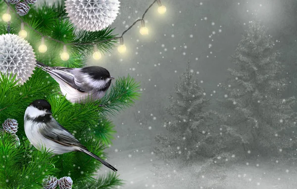 Two Birds White Tits Sit Spruce Branch Decorations Christmas Toys — Fotografia de Stock