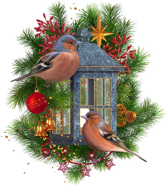 クリスマスの新年のお祝いの背景には 2つの明るい鳥がスプルースの枝に座って 装飾的な提灯 モミの枝 松の木 赤い果実 黄金の装飾 孤立した 3Dレンダリングの近くの松の木 — ストック写真